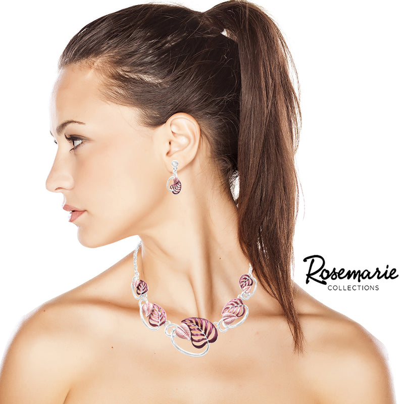 Unbe"leaf"able Statement Enamel 3D Leaf Necklace Earrings Set, 16"+2" Extender (Pink And Purple Leaves Silver Tone)