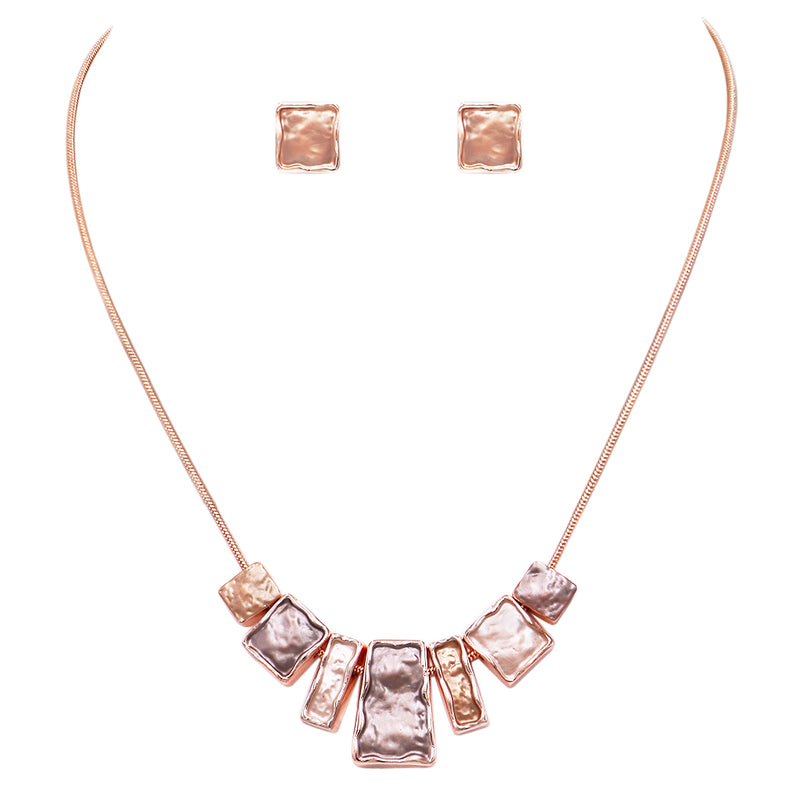 Beautiful Textured Enamel Coated Metal Charms Snake Chain Necklace Earrings Set, 16"+3" Extender (Geometric Shapes, Rose Gold Tone)