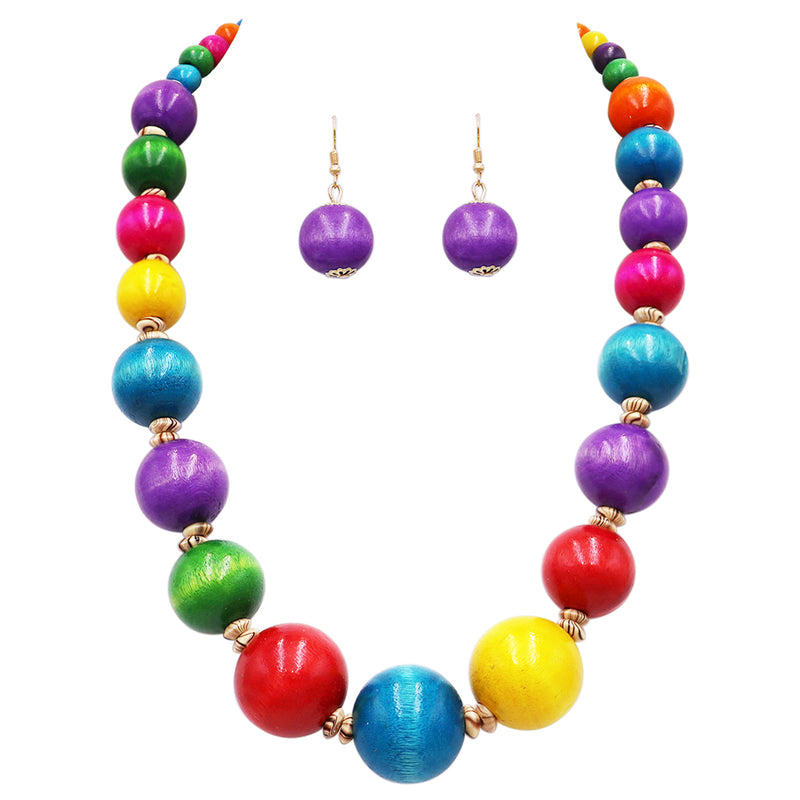 Colorful Rainbow Natural Wood Bead Graduated Strand Necklace Earrings Set, 22"+3" Extender