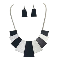 Sleek Black And Silver Textured Tile Statement Necklace Earrings Gift Set, 18"-21"+3" Extender