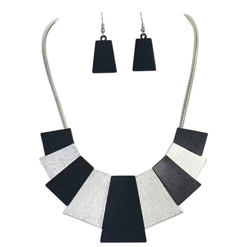 Sleek Black And Silver Textured Tile Statement Necklace Earrings Gift Set, 18"-21"+3" Extender