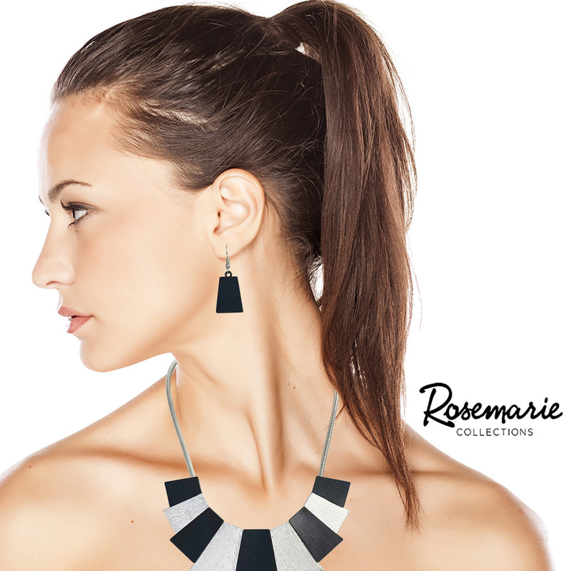 Sleek Black And Silver Textured Tile Statement Necklace Earrings Gift Set, 18"-21"+3" Extender