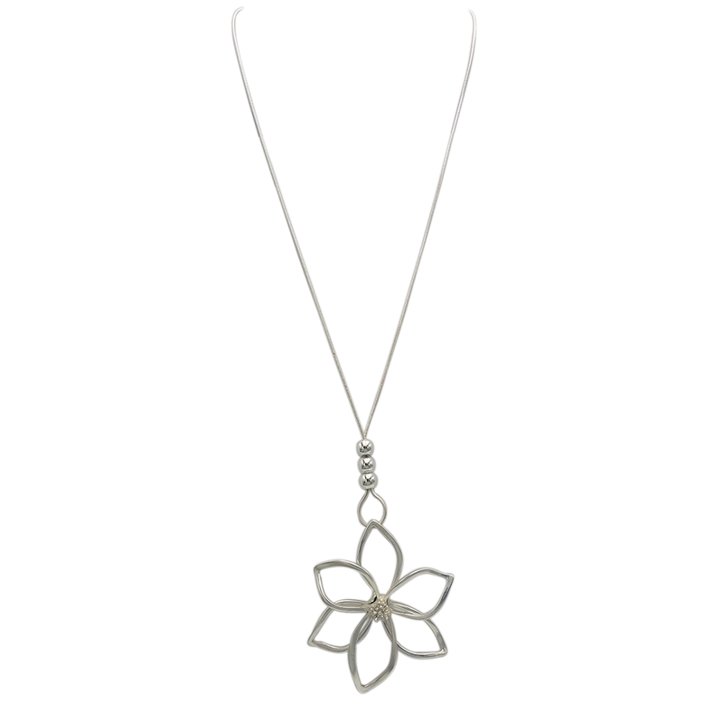 Women's Stunning Matte Silver Tone 3D Metal Flower Pendant On Snake Chain Necklace With Adjustable Slide Bead And Earrings Set, 39"