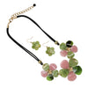 Statement Pink And Green Sparkly Lucite Resin Flower On Corded Necklace With Dangle Earrings Designer Fashion Set, 14"+3" Extender