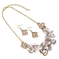 Stunning Polished Gold Tone Enamel Lucite And Crystal 3D Flower Necklace And Dangle Earrings Jewelry Gift Set, 13"+3" Extension (Cream And White)