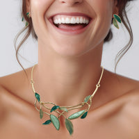 UnbeLEAFable Statement Textured Enamel And Resin Shades Of Green Leaves On Polished Gold Tone Vine Necklace Earrings Set, 12"+3" Exteder