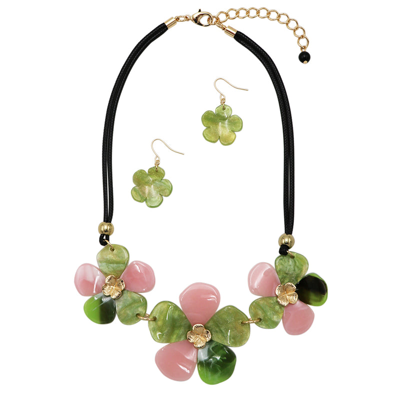 Statement Pink And Green Sparkly Lucite Resin Flower On Corded Necklace With Dangle Earrings Designer Fashion Set, 14"+3" Extender