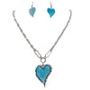 Gorgeous Marbled Glitter Lucite Heart Pendant On Cable Necklace Chain And Dangle Earrings Gift Set, 36"+3" Extender (Turquoise Blue Silver Tone)