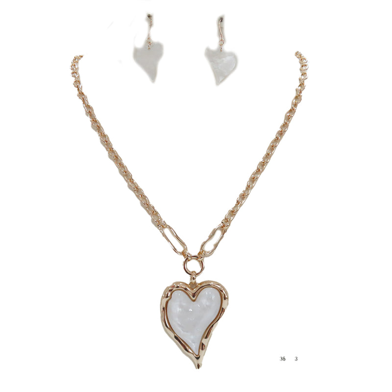 Gorgeous Marbled Glitter Lucite Heart Pendant On Cable Necklace Chain And Dangle Earrings Gift Set, 36"+3" Extender (White Gold Tone)