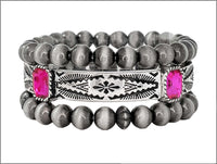 Set of 3 Western Metallic Bead And Howlite Stone Stretch Bracelets, 6.75" (Hot Pink Crystal Stamped Bangle)