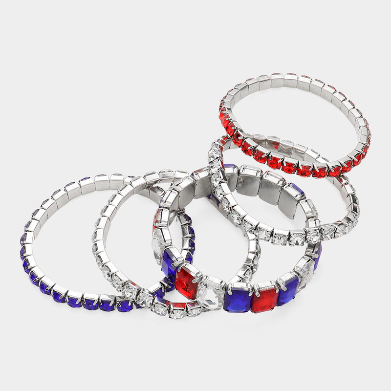 Stunning Statement Bejeweled Set Of 5 Colorful Crystal Rhinestone Stretch Bracelets, 6.75" (USA Mix Red Clear Blue Crystal Silver Tone)