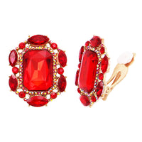 Stunning Statement Emerald Cut Crystal Clip On Style Earrings, 1.25" (Red Gold Tone)