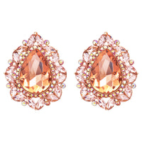 Women's Statement Vintage Style Dramatic Teardrop Crystal Clip On Earrings, 2" (Peach Crystal Rose Gold)