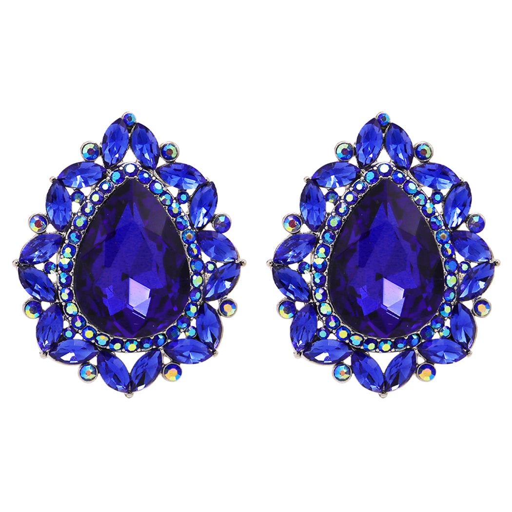 Statement Vintage Style Dramatic Teardrop Crystal Clip On Earrings