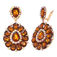 Dramatic Teardrop Crystals Long Shoulder Duster Clip On Style Earrings, 3.5" (Golden Topaz Brown Gold Tone Setting)