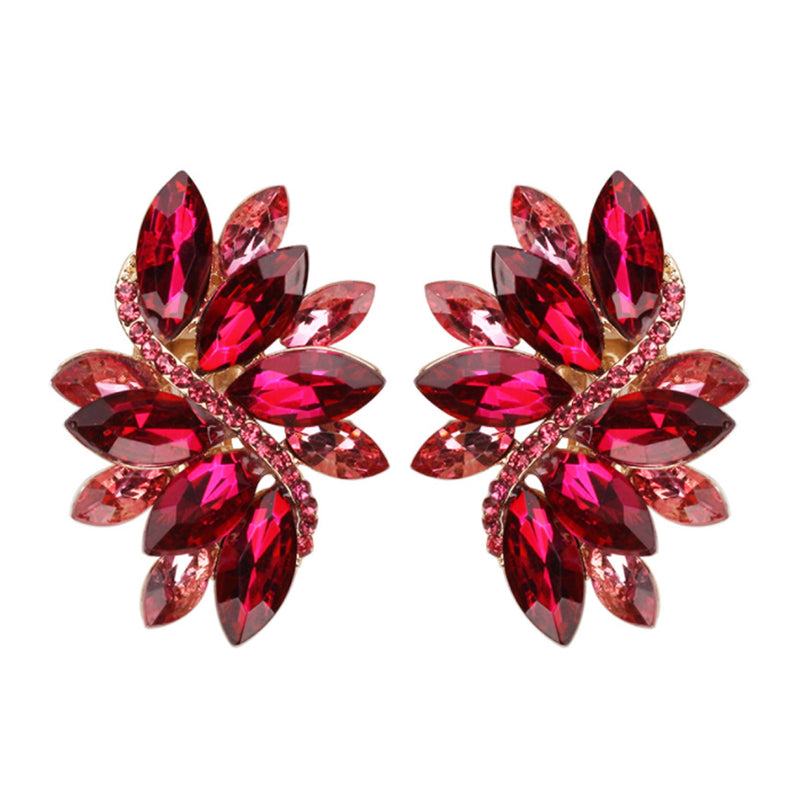 Crystal Marquis Leaf Cluster Statement Clip On Earrings, 1.87" (Fuchsia Pink Gold Tone)