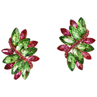 Dazzling Crystal Marquis Leaf Cluster Statement Clip On Earrings, 1.87" (Green And Pink Gold Tone)