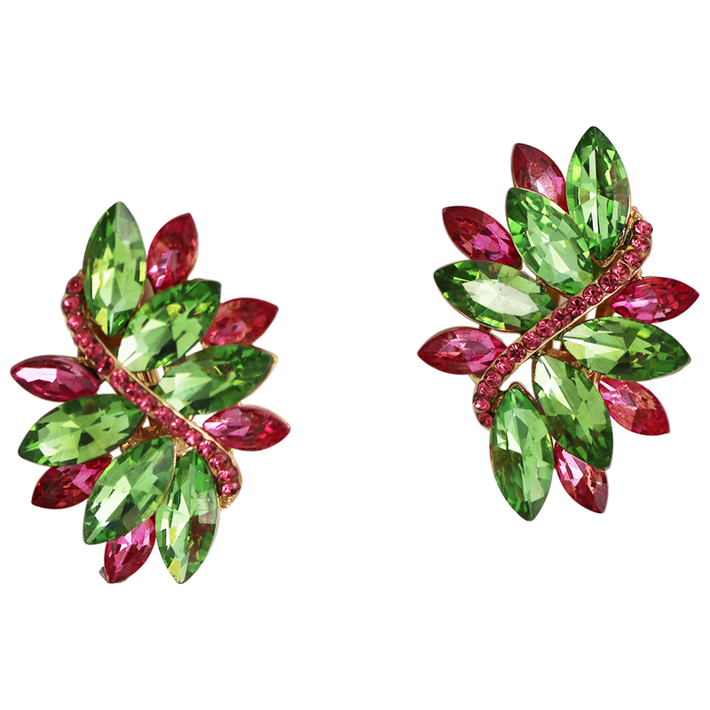 Dazzling Crystal Marquis Leaf Cluster Statement Clip On Earrings, 1.87" (Green And Pink Gold Tone)