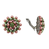 Timeless Classic Simulated Pearl And Crystal Rhinestone Cluster Clip On Earrings, 1.5" (Pink Green Silver Tone)