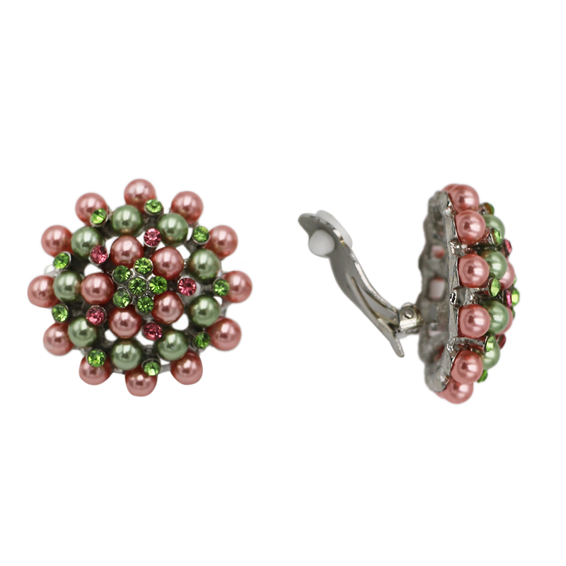 Timeless Classic Simulated Pearl And Crystal Rhinestone Cluster Clip On Earrings, 1.5" (Pink Green Silver Tone)