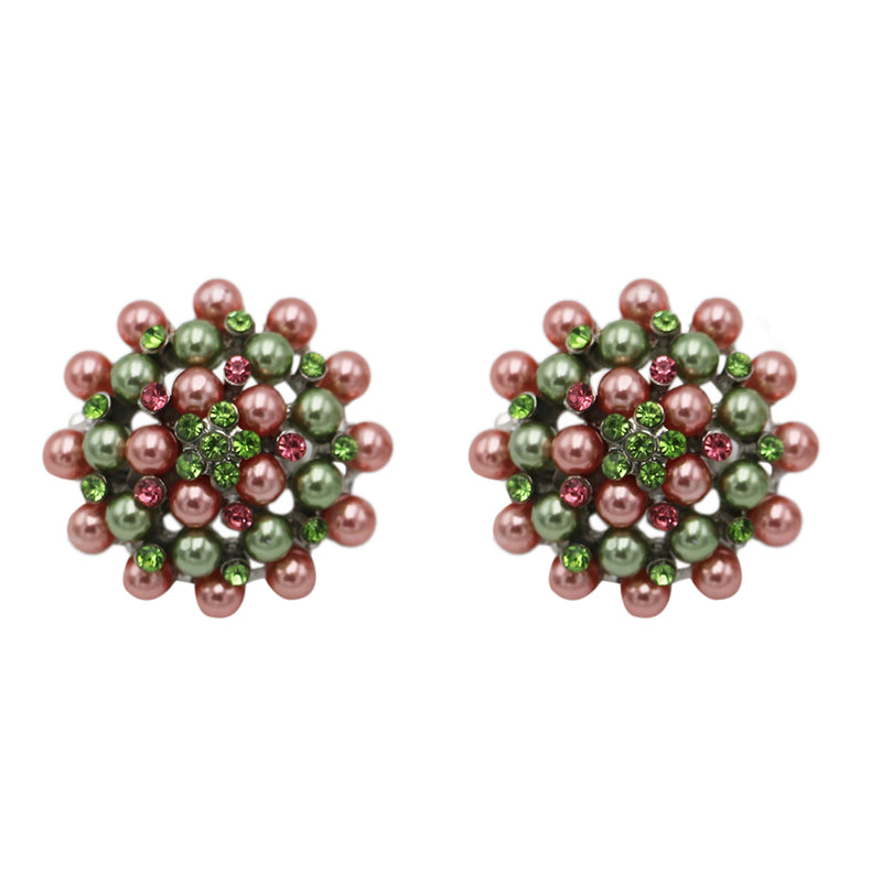 Timeless Classic Simulated Pearl And Crystal Rhinestone Cluster Clip On Earrings, 1.5" (Pink Green Silver Tone)