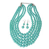 Multi Strand Simulated Pearl Bib Necklace and Earrings Jewelry Set, 16"-19" with 3" Extender (Light Aqua Blue)