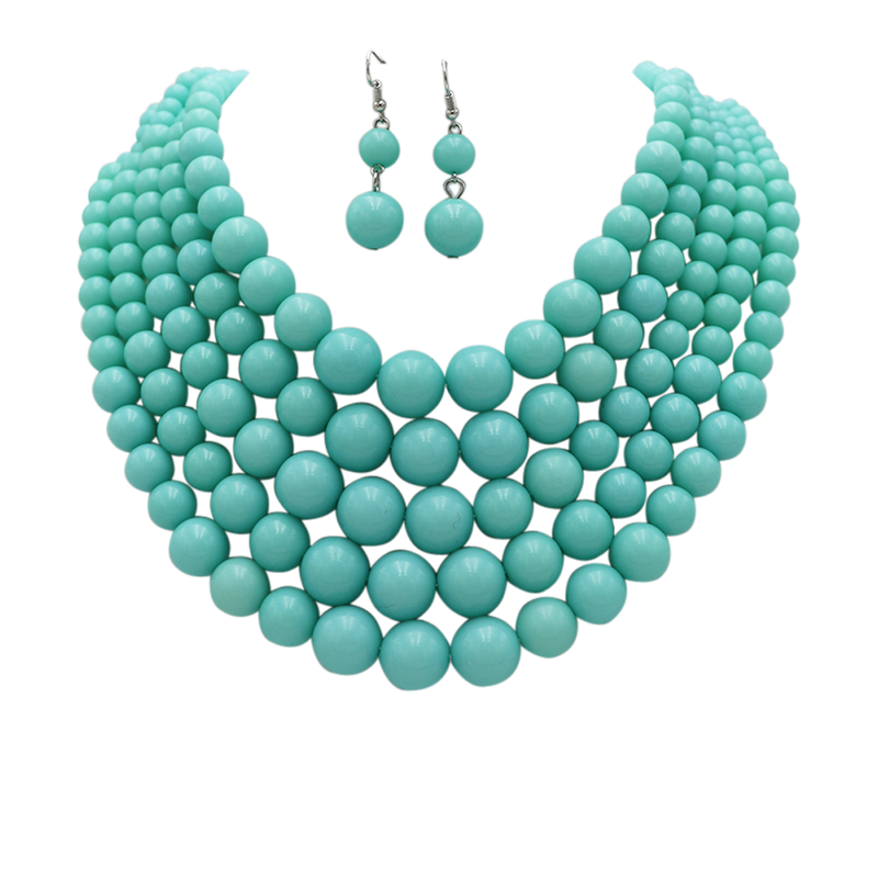 Multi Strand Simulated Pearl Bib Necklace and Earrings Jewelry Set, 16"-19" with 3" Extender (Light Aqua Blue)