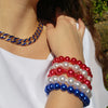 Stacking Set of 5 Statement Stretch Beaded Simulated Pearl Bracelet, 6.75" (Solid Strip Red White Blue USA)