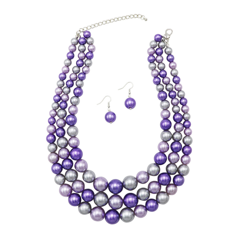 3 Colorful Multi Strands Simulated Pearl Necklace And Earrings Jewelry Gift Set, 18"+3" Extender (Lavender Purple Mix)