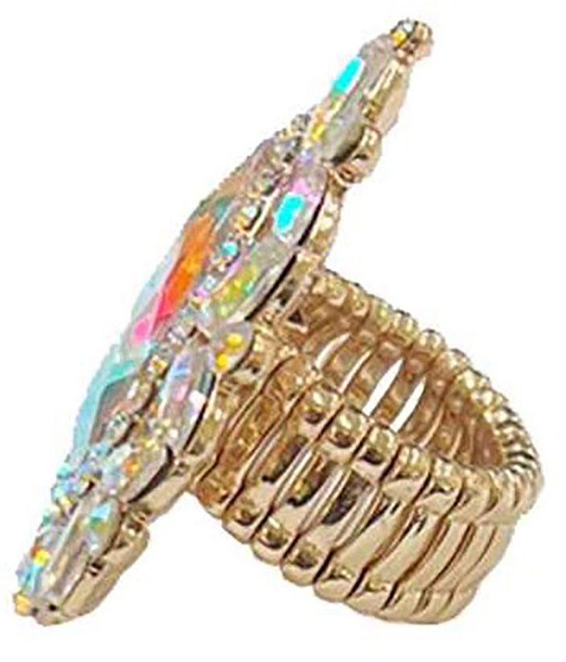 Stunning Statement Teardrop Glass Crystal Stretch Cocktail Ring (AB Crystal Gold Tone)