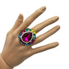 Stunning Large Statement Teardrop Glass Crystal Rhinestone Stretch Band Cocktail Ring, 2" (Multicolored Rainbow Crystals Gold Tone)