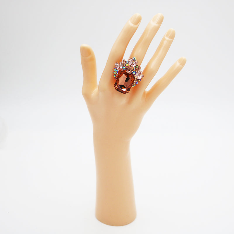 Stunning Statement Emerald Cut Glass Crystal Stretch Cocktail Ring (Peach Crystal Rose Gold Tone)