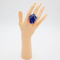 Stunning Statement Emerald Cut Glass Crystal Stretch Cocktail Ring (Royal Blue Silver Tone)