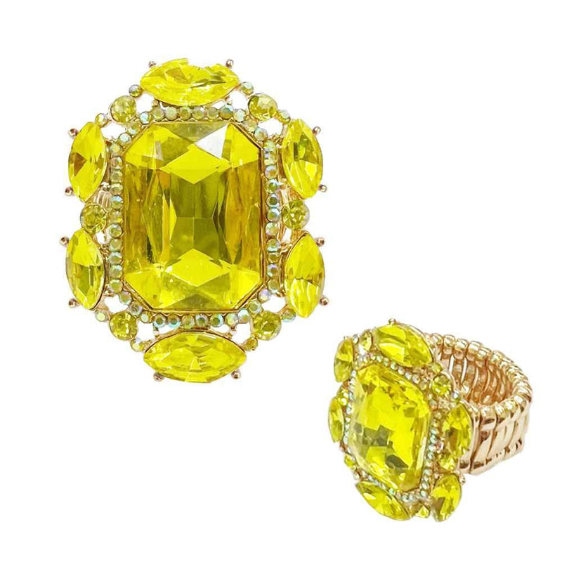 Statement Emerald Cut Glass Crystal Stretch Cocktail Ring ((Yellow Crystal Gold Tone)