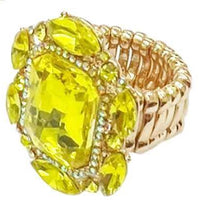 Statement Emerald Cut Glass Crystal Stretch Cocktail Ring ((Yellow Crystal Gold Tone)