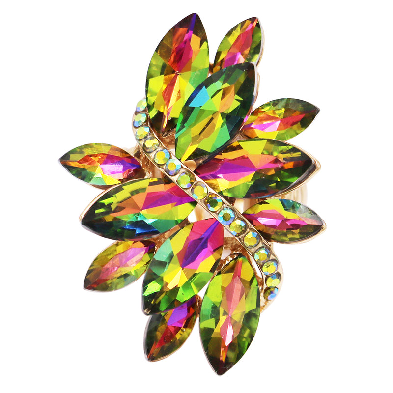 Dazzling Crystal Marquis Leaf Cluster Statement Stretch Cocktail Ring (Rainbow Vitrail Medium Gold Tone)