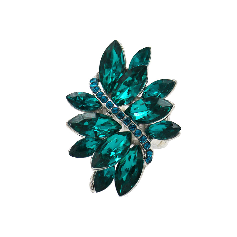 Dazzling Crystal Marquis Leaf Cluster Statement Stretch Cocktail Ring (Peacock Blue Silver Tone)