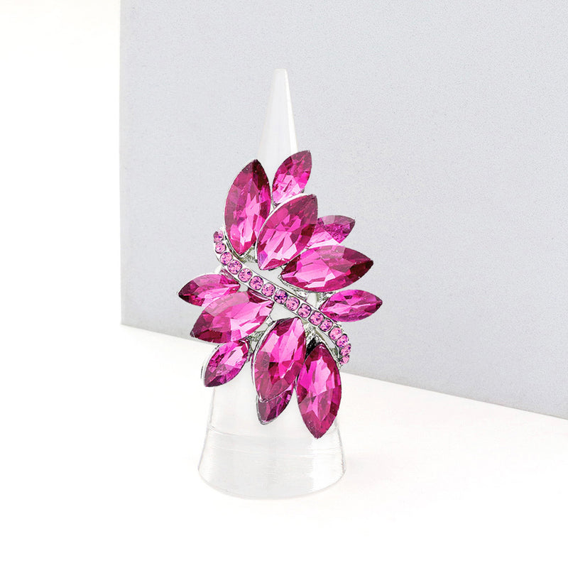 Dazzling Crystal Marquis Leaf Cluster Statement Stretch Cocktail Ring (Rose Pink Crystal Silver Tone)