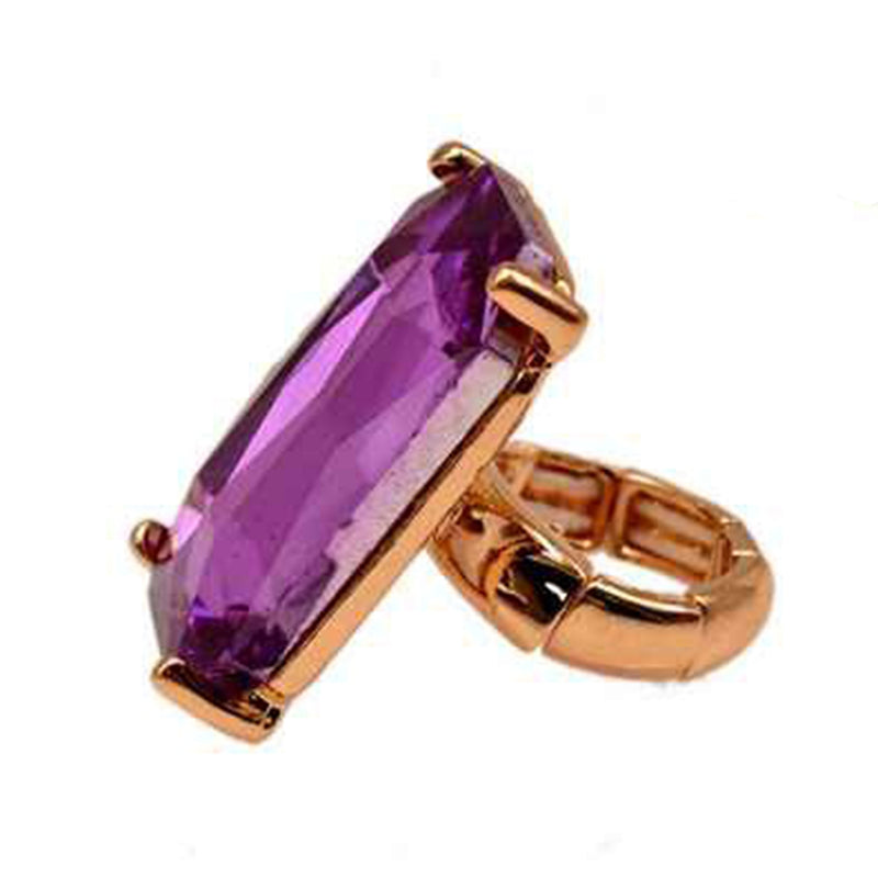 Stunning Emerald Cut Glass Crystal Statement Stretch Band Cocktail Ring,1.5" (Purple Crystal Gold Tone)