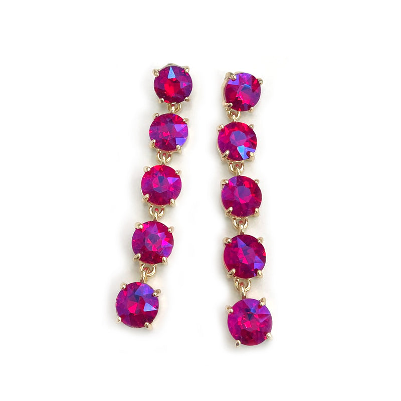 Stunning Gold Tone Linear Strand Round Cut Crystal Rhinestone Post Back Drop Earrings, 2.75" (AB Fuchsia Pink)