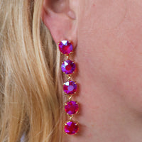 Stunning Gold Tone Linear Strand Round Cut Crystal Rhinestone Post Back Drop Earrings, 2.75" (AB Fuchsia Pink)