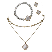 Stunning Mother Of Pearl Clover Gold Tone Jewelry (Double Strand Necklace, 15"/18"+3" Extender)