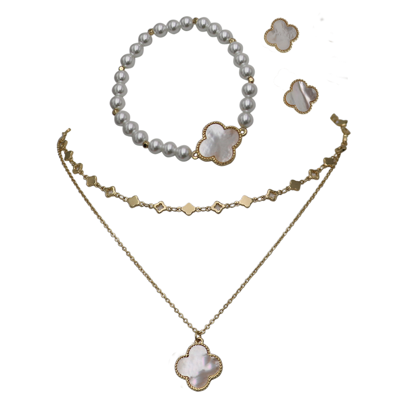 Stunning Mother Of Pearl Clover Gold Tone Jewelry (Double Strand Necklace, 15"/18"+3" Extender)