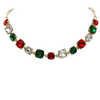 Bejeweled Chirstmas Holiday Mix Colorful Cushion Cut Crystal Red Green Clear Rhinestones Gold Tone Statement Necklace, 16"+2.5" Extender