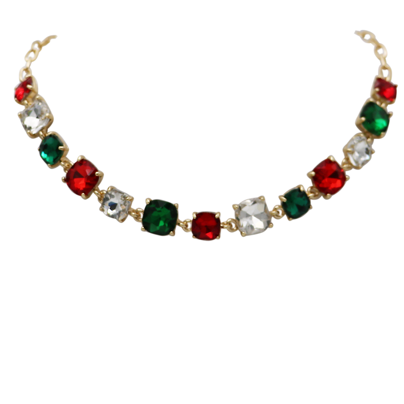 Bejeweled Chirstmas Holiday Mix Colorful Cushion Cut Crystal Red Green Clear Rhinestones Gold Tone Statement Necklace, 16"+2.5" Extender