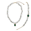 Stunning Green Emerald Cut Crystal Charm On Statement Faux Pearl Strand Holiday Jewelry (Pendant Necklace, 16"+3" Extender)