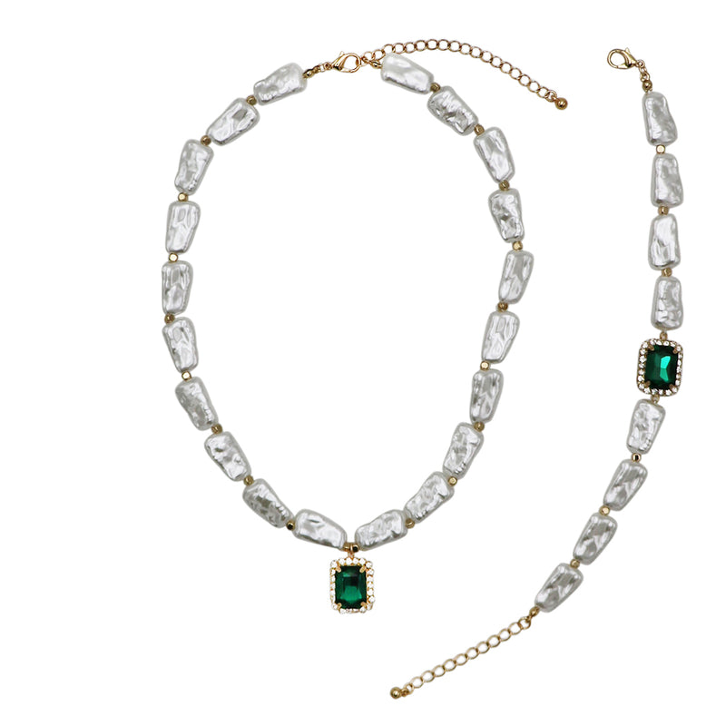 Stunning Green Emerald Cut Crystal Charm On Statement Faux Pearl Strand Holiday Jewelry (Pendant Necklace, 16"+3" Extender)