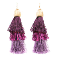 Vintage Chic Tiered Ombre Thread Tassel Long Dangle Earrings (Purple Textured Gold Tone Bead, 4.25")