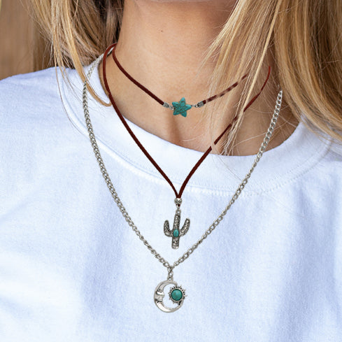 Cowgirl Chic Turquoise Blue Howlite Stone Star Charm Silver Tone Cactus And Moon Pendants On Western Style Vegan Suede Multistrand Necklace, 14"+3" Extender