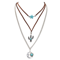 Cowgirl Chic Turquoise Blue Howlite Stone Star Charm Silver Tone Cactus And Moon Pendants On Western Style Vegan Suede Multistrand Necklace, 14"+3" Extender